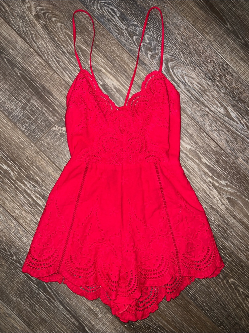 TOBI Red Lace Trim Spaghetti-Strap Mini Dress